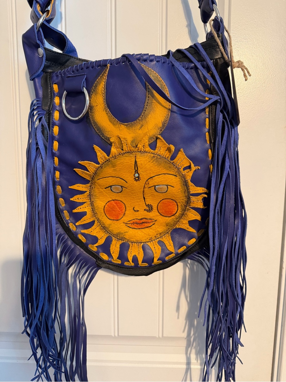 Purple Leather Fringe Crossbody Bag with Sun & Moon Motif - Picture 9 of 11